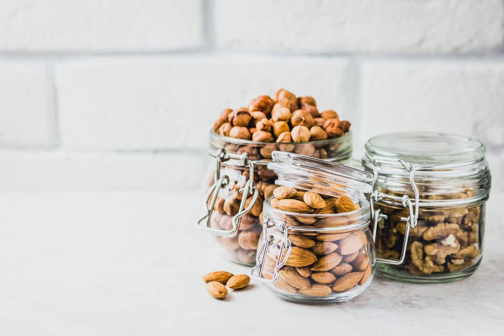 Healthy nuts in glass jars